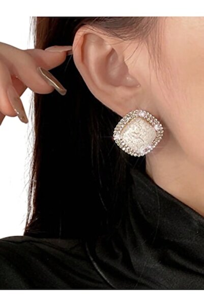 The Casius. Cercei pătrați cu margini din pietre, 2,5 cm, culoare alb și auriu