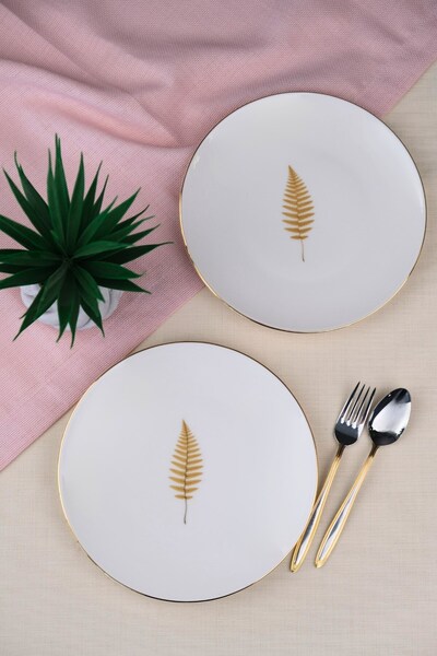 tabakevi Tabak Evi Porcelain Natura Fern Gold Gilded Cake Plate 20.50cm 2 Pcs