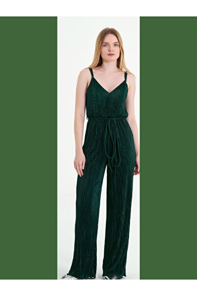 MOREPERLA Women's Batak Green Strappy Belted Backless V-Neck Frilly Jumpsuit