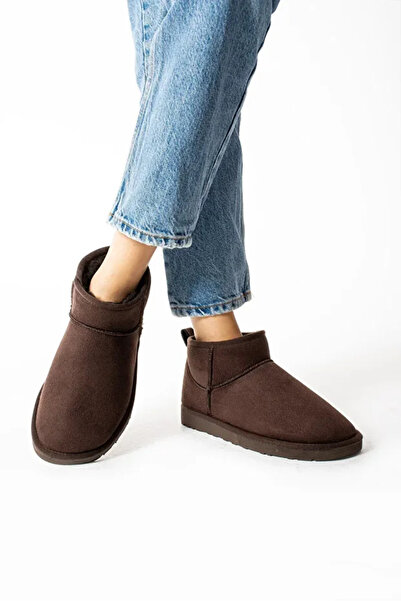 PUSKAS Kadın Kahverengi Süet Ultra Mini Süet Bot Içi Kürklü Kışlık Taban Kısa Düz Topuklu Bot 00211