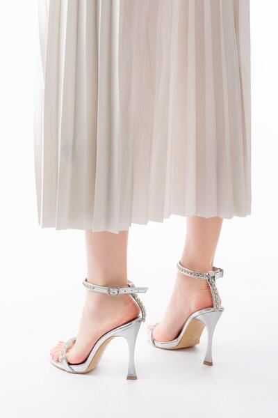 Mida Shoes A-30 Gümüş Taş Aksesuarlı Platformlu Topuklu Kadın Terlik