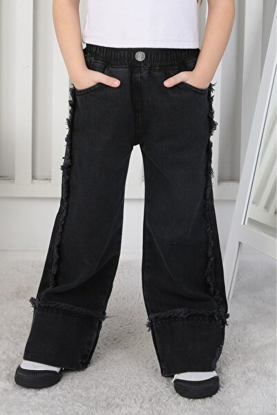 CC Design Premium Kalite Siyah Geniş Paça Jean Denim Kız Çocuk Pantolon