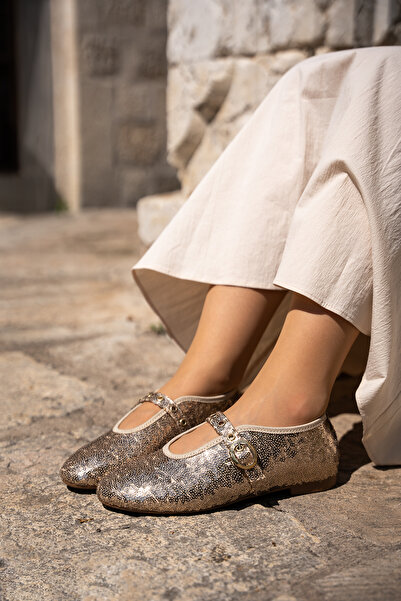 LamintaGlobal Dakota Gold Shiny Sequin Women's Ballerinas