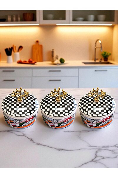 ferayhome Mutfak Aksesuarı 3 lü Kahvaltılık Sakalama Kabı Geometrik Damalı Desen Gold