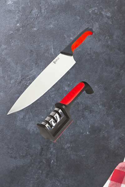 SürLaz Paslanmaz Çelik Şef Bıçağı 35 cm + Bıçak Bileyici Set – Ergonomik Kaym...