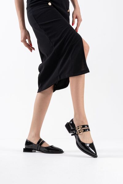 İREM Murder Black Patent Leather Belt Detailed Women's Heeled Shoes