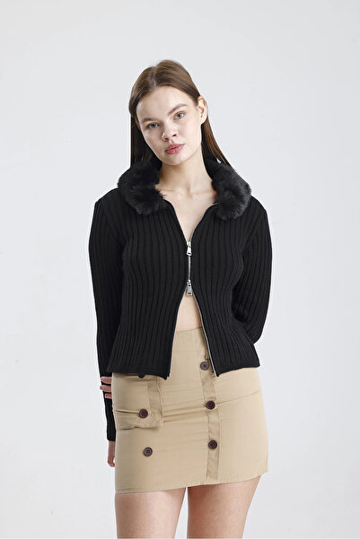Lusin Women's Stylish Double Zipper and Fur Collar Detailed Black Knitwear Cardigan