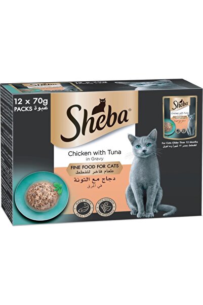 SHEBA طعام القطط الفاخر من رغيف الدجاج مع التونة، مع الفيتامينات والمعادن الأساسية، عبوة من 12 قطعة × 70 جرام