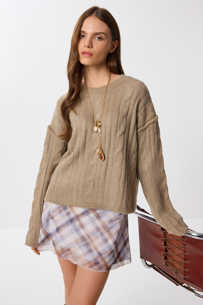 Lovelyİstanbul Pulover tricotat împletit cu păr LPF0114 bej-gri