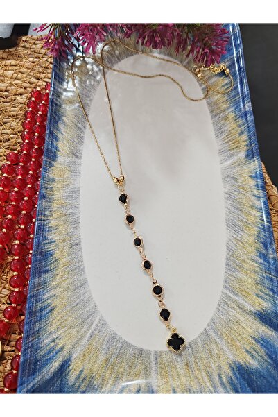 elbi bijuteri Siyah zarif y kolye yonca aparatlı