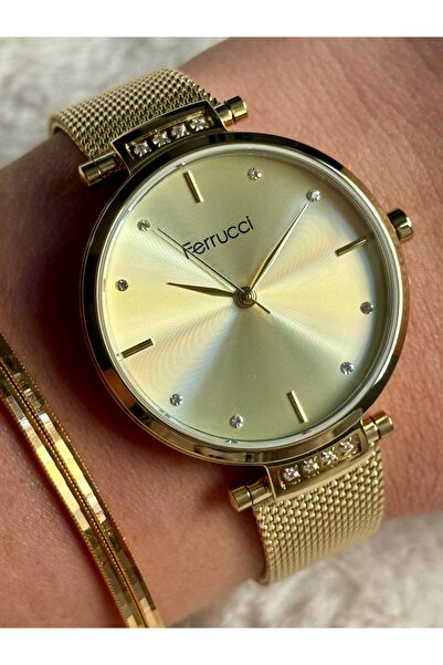 Ferrucci AJDA BİLEZİK HEDİYELİ GOLD TAŞLI HASIR KORDONLU KADIN SAATİ