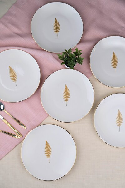 tabakevi Tabak Evi Porcelain Natura Fern Gold Gilded Cake Plate 20.50cm Set of 6
