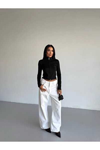 hazelin Women's Black Diving Fabric Zipper Closure Finger Loop Sweatshirt Hzl25W-Fry123441