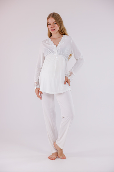 Yulem Homewear Ekru Dantel Detaylı Emzirme Özellikli Pamuklu Lohusa Hamile Pijama Takım