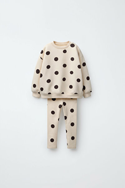 Magu Σετ κοριτσίστικο βαμβακερό μπεζ φούτερ με πουά κολάν και μπλούζα