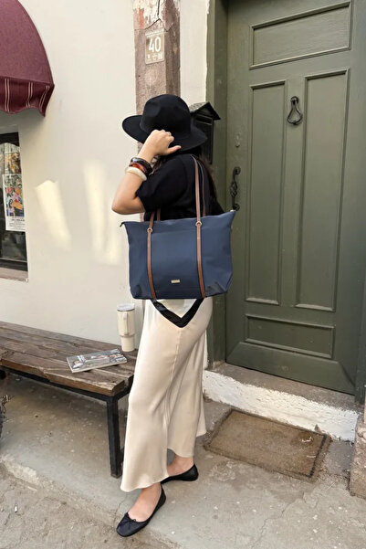 LEONAS Striped Front Eyelet Women's Shopper Bag Carmira St0023 Navy Blue