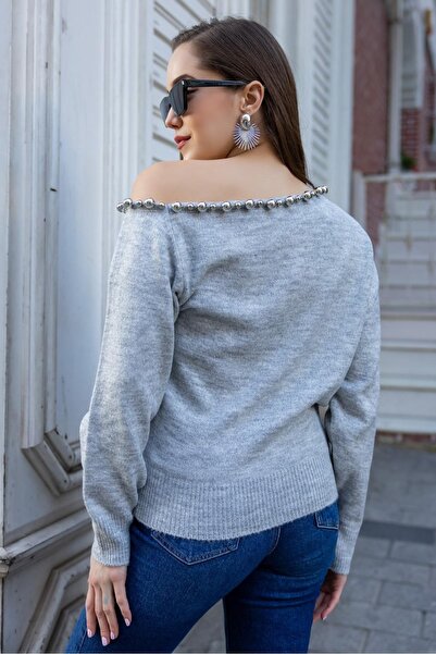 dgs look Pulover de tricotat gri Yumoş decolteu larg pentru femei, cu detalii perlat