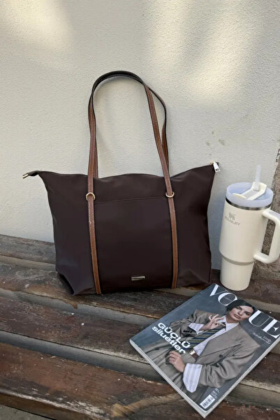 LEONAS Striped Front Pocket Women's Shopper Bag Carmira St0023 Bitter Brown