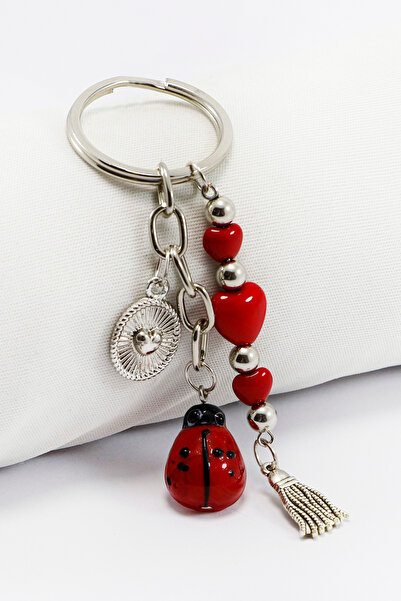 biuti El Yapımı Cam Uğur Böcekli Salkım Kalpli Anahtarlık, Yeni Çanta Süsü