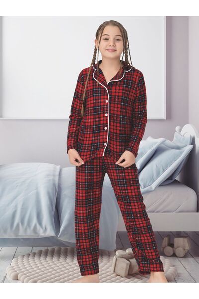 zahider Girl's Cotton Plaid Button-Down Suede Pajama Set