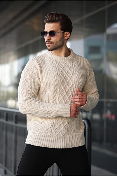 Madmext Ekru Örgü Desenli Triko Erkek Kazak E7425
