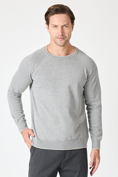 Frappoli Lunox Men's Gray Italian Ribbed Cotton Sports Crew Neck Sweater