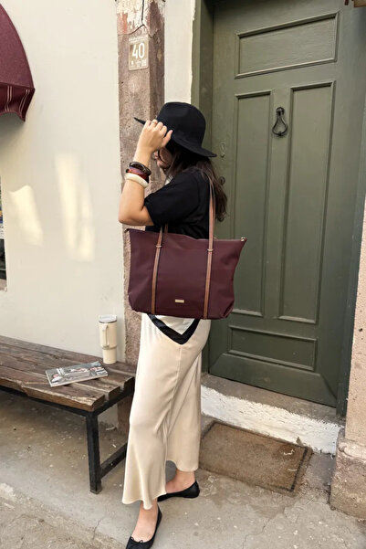 LEONAS Striped Front Eyelet Women's Shopper Bag Carmira St0023 Burgundy