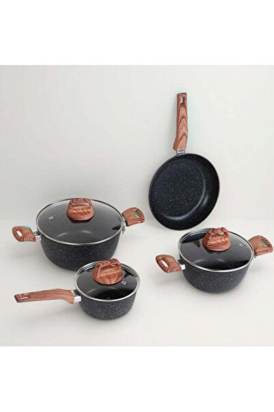 HOMEVEO مجموعة أواني طهي مطلية بالجرانيت، وأواني ومقالي ذات أسطح غير لاصقة، ومقابض خشبية، ومقبض تمبي