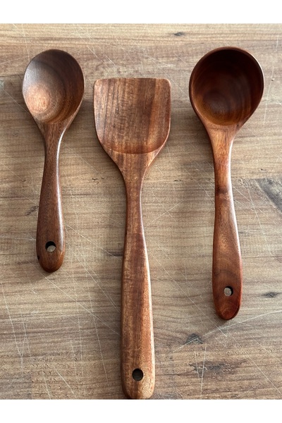 LeesHome Acacia Wood Handmade Wooden Spoon 26cm Ladle 28cm and Spatula Set 34 Cm.