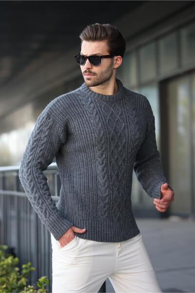 Madmext Anthracite Knitted Patterned Knitwear Men's Sweater E7425