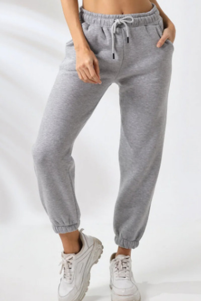 INFLUYENTE Women's Gray Regular Winter Cotton-Lined Elasticated Leggings Sweatpants