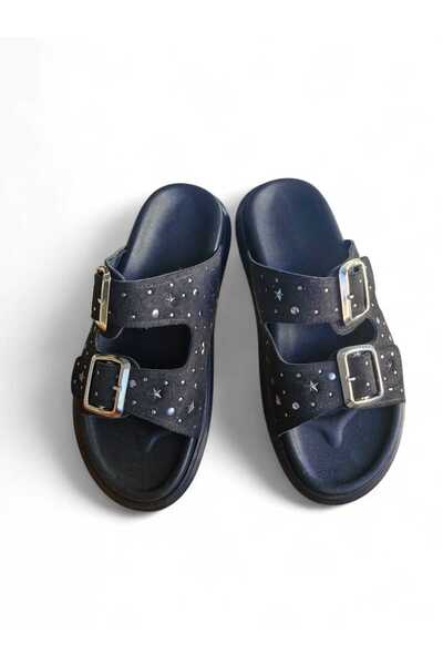 sancar ayakkabı Manolya Black Trop Detail Suede Women's Slippers 00023