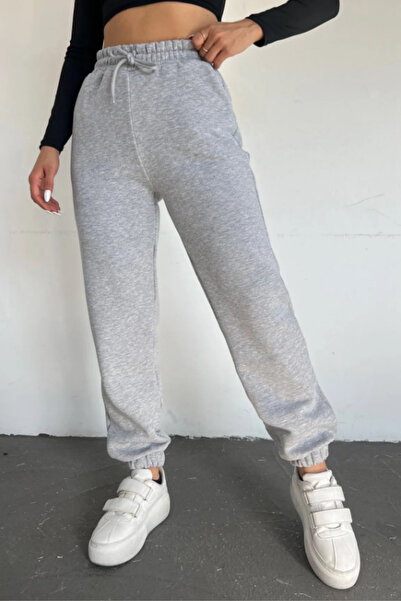INFLUYENTE Women's Gray Winter Regular Thick Wool Inside Basic Sweatpants with Elasticated Legs