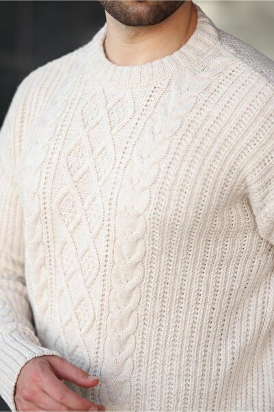 Madmext Ekru Örgü Desenli Triko Erkek Kazak E7425