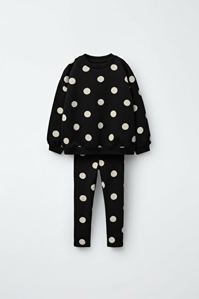Magu طقم سترة وبنطلون للفتيات من القطن بنمط نقاط البولكا السوداء