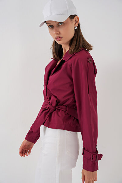 Bigdart Kadın Kemerli Kısa Trençkot 5970 - Bordo