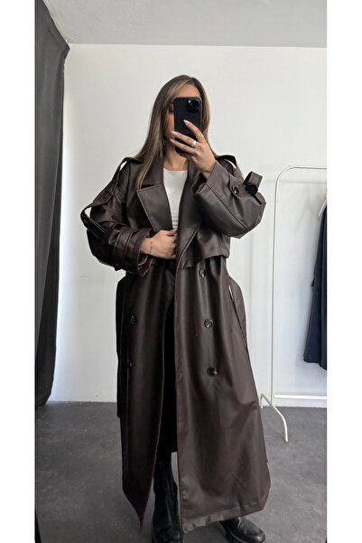 nona butik Kožený trenčkot Lilian - Hnědý