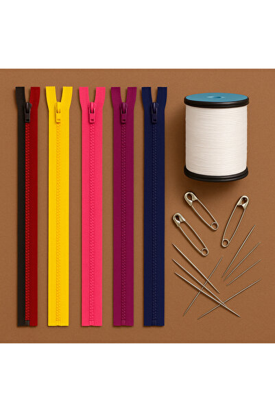 Metler 10-Pack 20 cm Zipper + 10 Safety Pins + 10 Sewing Needles + 1 Spool Se...