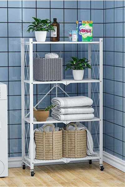 HOMEVEO رف تخزين معدني سميك قابل للطي بأربع طبقات مع عجلات - تصميم قوي وأنيق ...