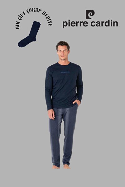 Pierre Cardin Erkek Lacivert Uzun Kol Pamuklu Pijama Takımı 1 Çift Çorap Hediyeli