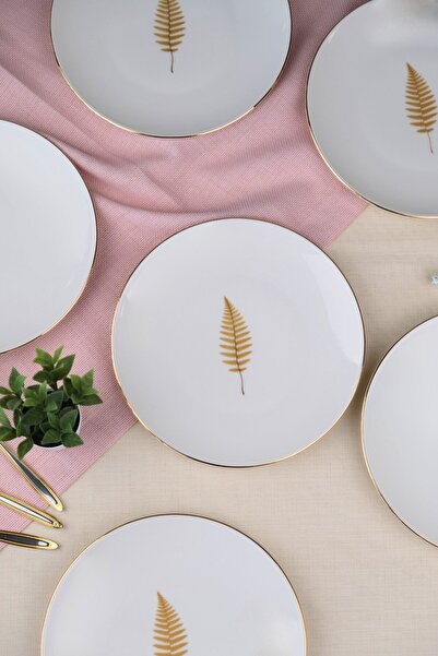 tabakevi Tabak Evi Porcelain Natura Fern Gold Gilded Cake Plate 20.50cm Set of 6