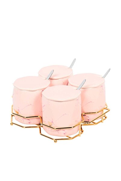 HOMEVEO طقم سيراميك للسكر والتوابل مكون من 4 قطع مع حامل ذهبي