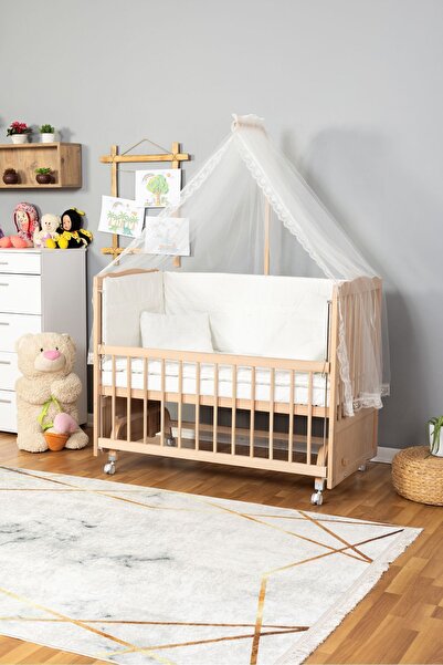 XX Doğal Ahşap Anne Yanı Beşik Yeni Doğan Bebek (BOYASIZ)60x120 Krem Güpürlü ...