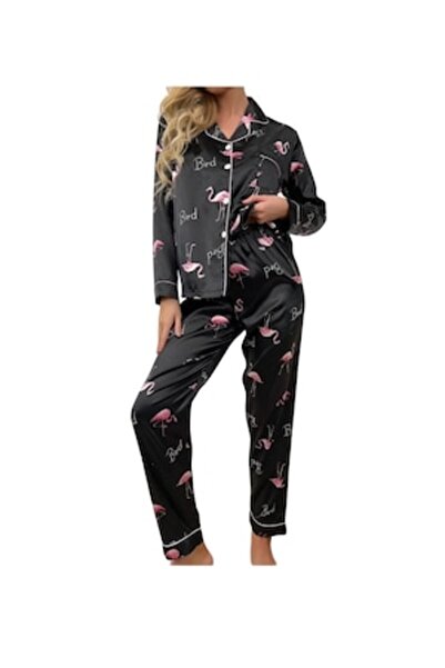 The Casius. Πιτζάμα σετ μπλούζα και παντελόνι, σατέν ύφασμα, μοντέλο Flamingo...