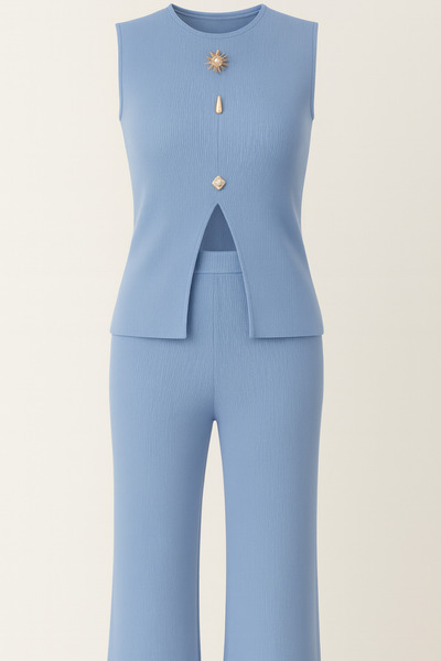 HAKKE Crew Neck Gold Buttoned Ottoman Blouse and Regular Pants Set