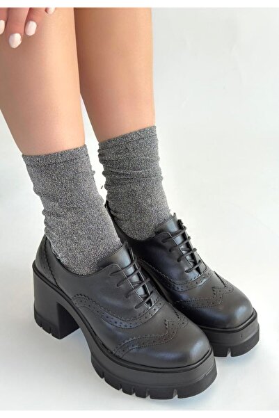 BESKAR Tiwer Black Leather Wedge Heel Shoes