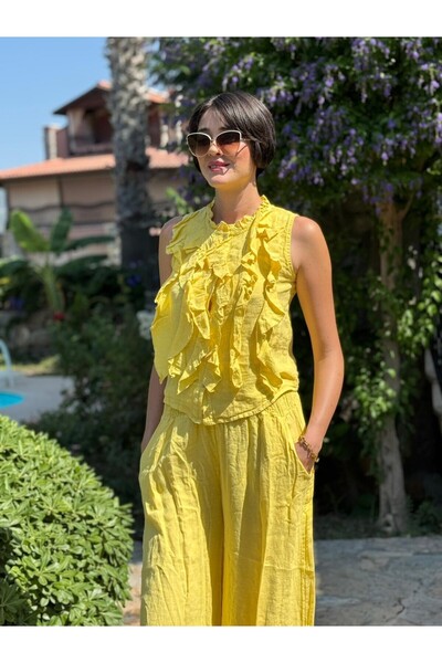 Punta Otantik Nc14092 Ruffled Sleeveless Italian Linen Suit Yellow