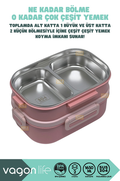 Vagonlife Bento 1650ml Lunchbox New Collection 2 Layer 3 Compartment Stainless Steel Lunch Box Food Container