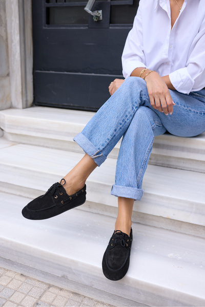 ANGELİNA JONES Claro Women's Black Real Suede Loafer Shoes
