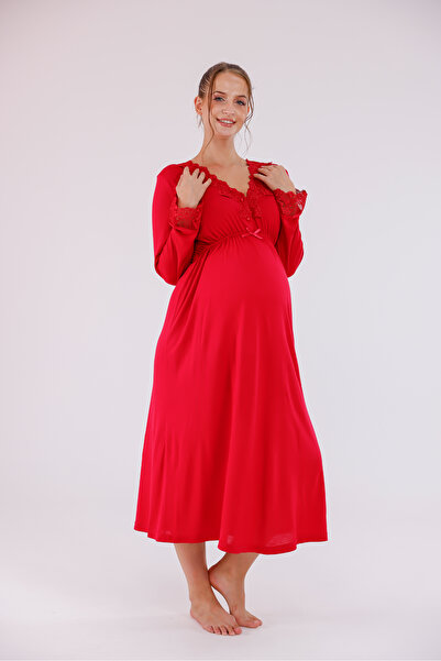 Yulem Homewear Red Lace Detailed Cotton Maternity Nightgown with Nursing Feature